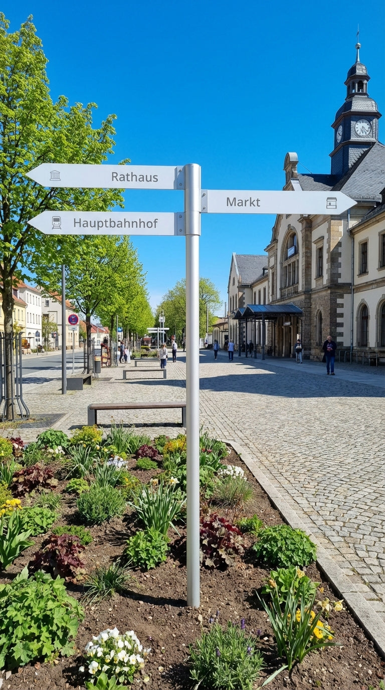 Everest Richtungsschild · Anwendungsbild · Säule Silber eloxiert · Fahnen Aluminiumverbund Weiß · 3 Fahnen