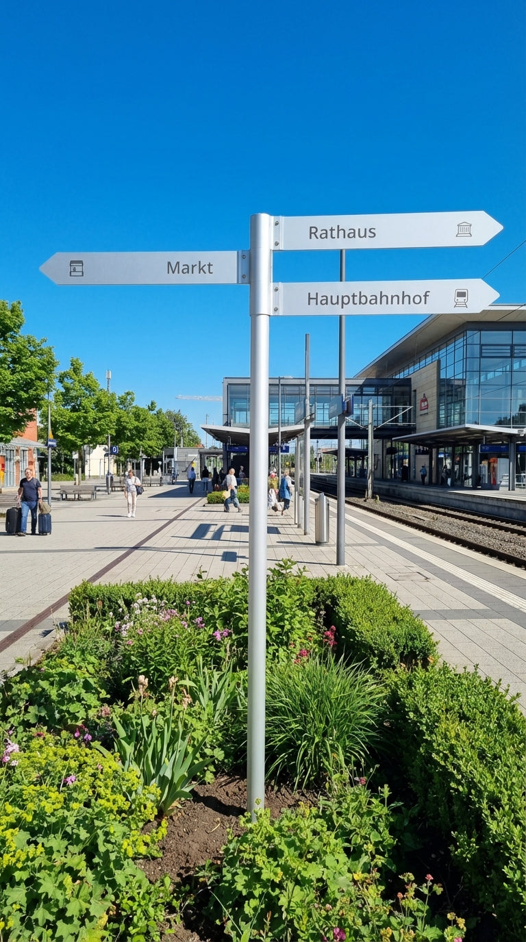 Everest Richtungsschild · Anwendungsbild · Säule Silber eloxiert · Fahnen Silber eloxiert · 3 Fahnen