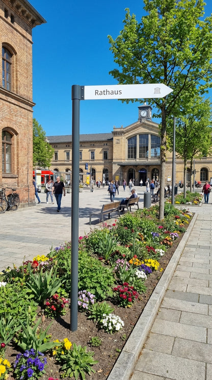 Everest Richtungsschild · Anwendungsbild · Säule RAL 7016 Anthrazitgrau · Fahnen Aluminiumverbund Weiß · 1 Fahne