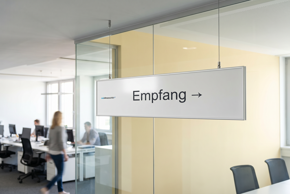 Lucerne Deckenschild Empfang an Seilen abgehängt im Großraumbüro